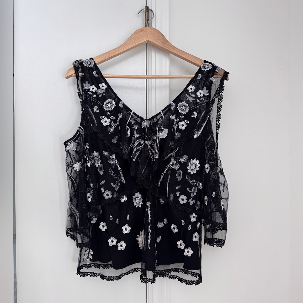 KOBF HALPERIN - Blouse black sheer material  white floral embroidery lace trim .